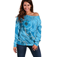 Hawaii Blue Hibiscus Pikake Lei Off Shoulder Sweater LT05 Women Blue - Polynesian Pride