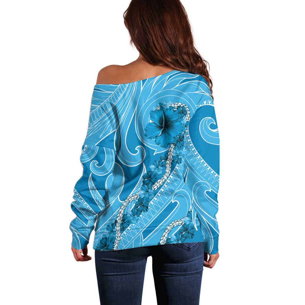 Hawaii Blue Hibiscus Pikake Lei Off Shoulder Sweater LT05 - Polynesian Pride