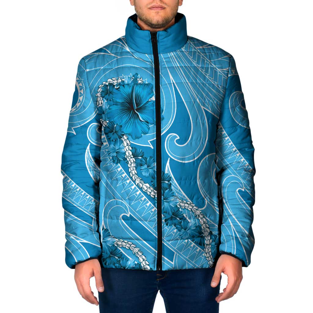 Hawaii Blue Hibiscus Pikake Lei Padded Jacket LT05 Blue - Polynesian Pride