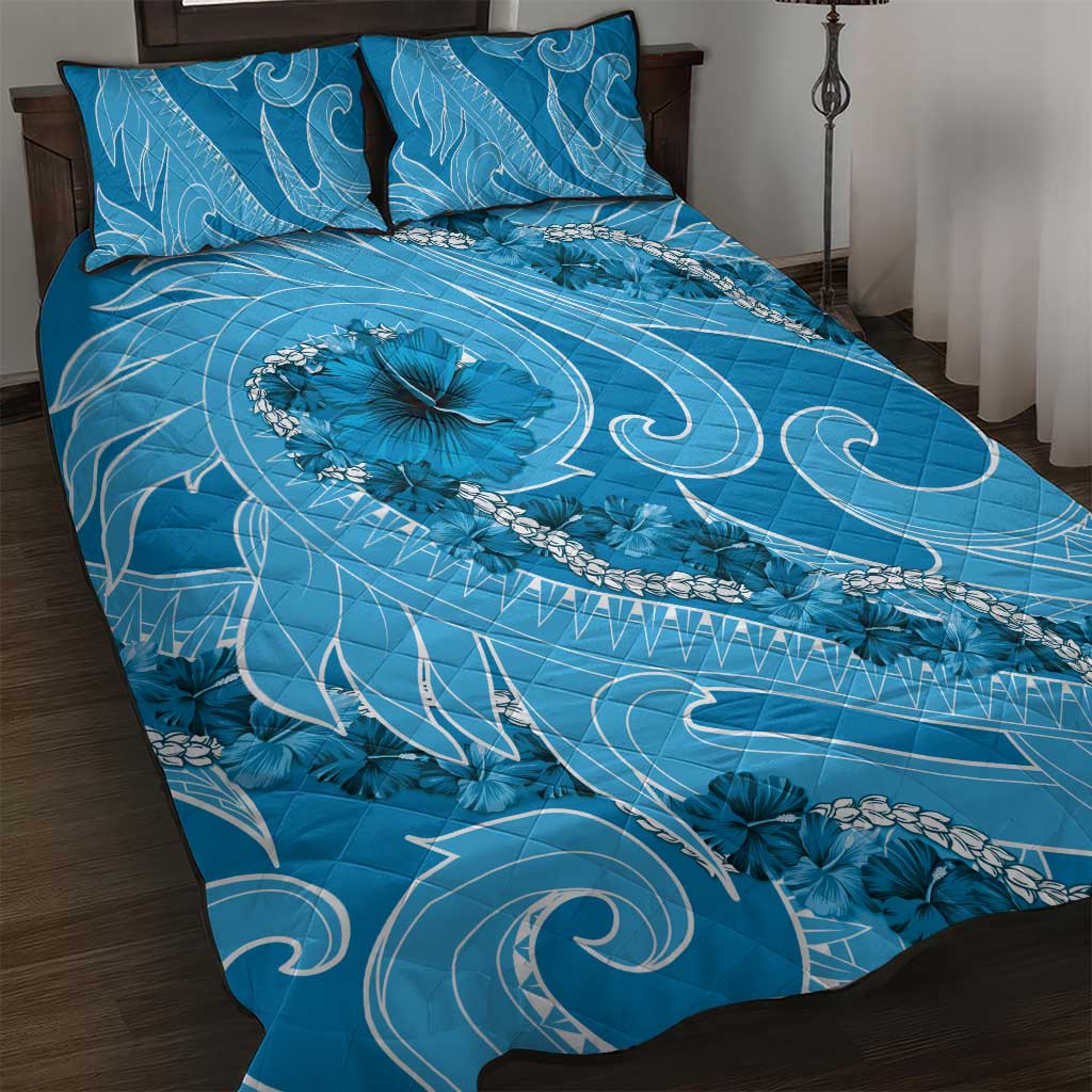Hawaii Blue Hibiscus Pikake Lei Quilt Bed Set LT05 Blue - Polynesian Pride