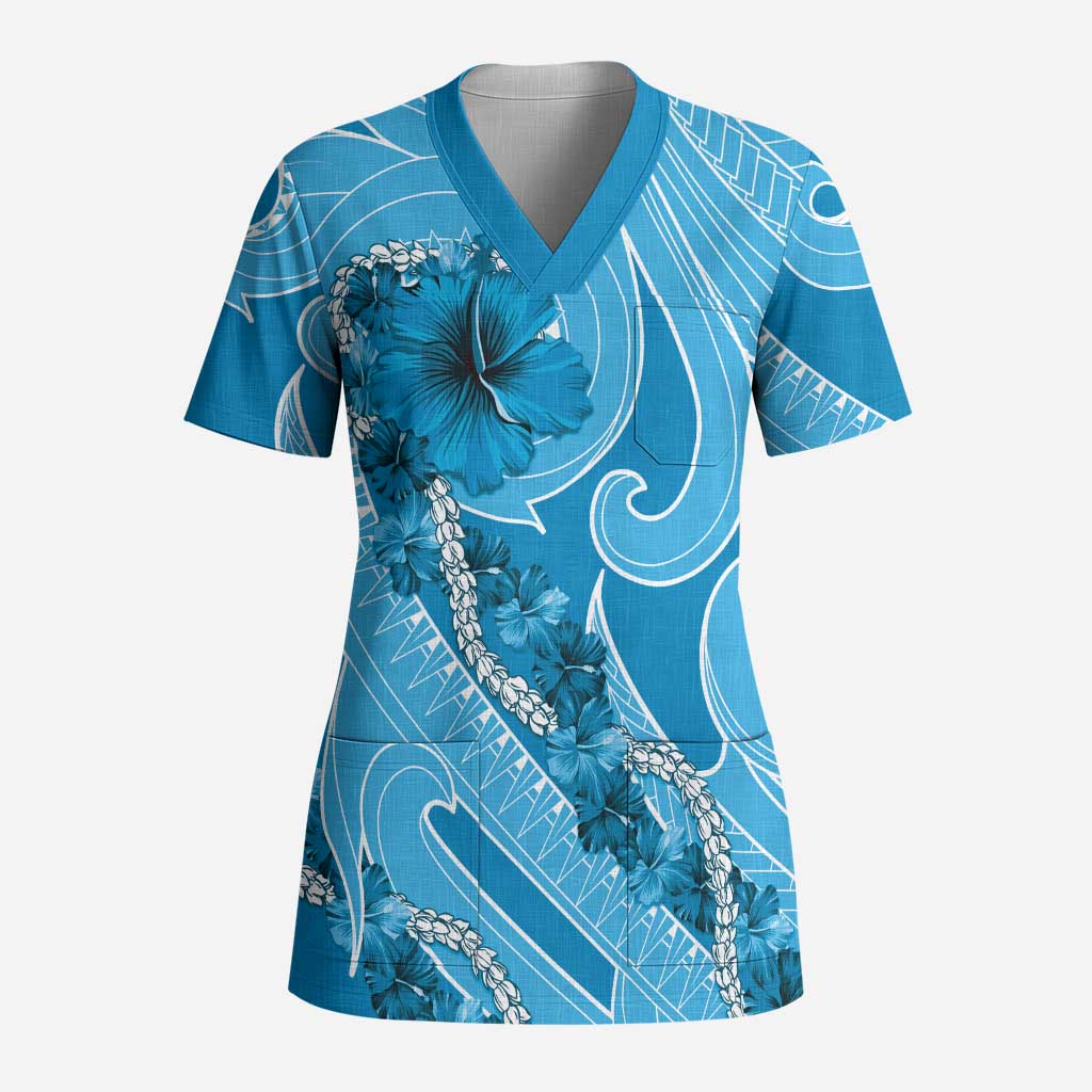Hawaii Blue Hibiscus Pikake Lei Scrub Top LT05 Adult Blue - Polynesian Pride