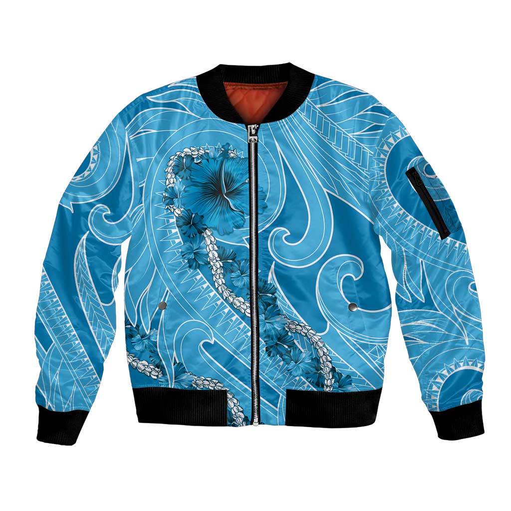 Hawaii Blue Hibiscus Pikake Lei Sleeve Zip Bomber Jacket LT05 Unisex Blue - Polynesian Pride