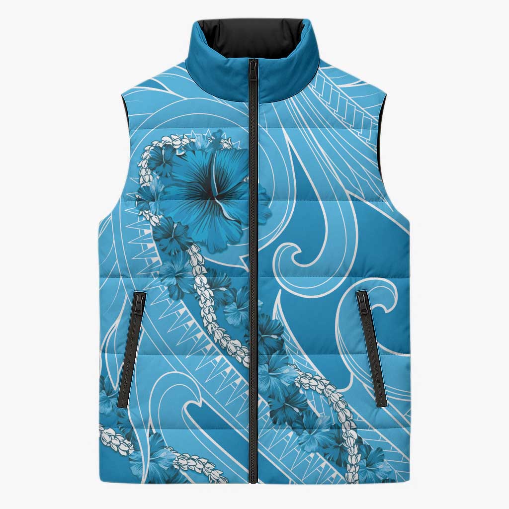 Hawaii Blue Hibiscus Pikake Lei Sleeveless Puffer Jacket LT05 Blue - Polynesian Pride