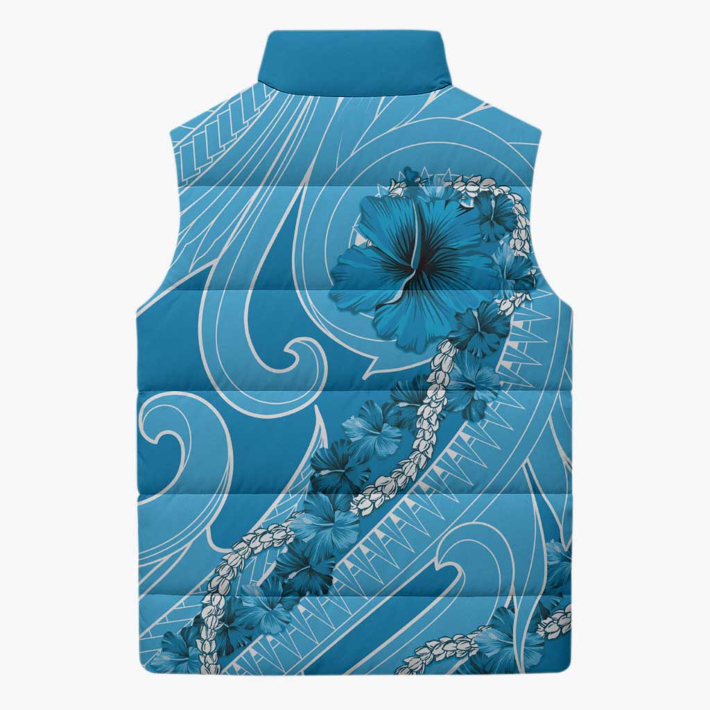 Hawaii Blue Hibiscus Pikake Lei Sleeveless Puffer Jacket LT05 - Polynesian Pride