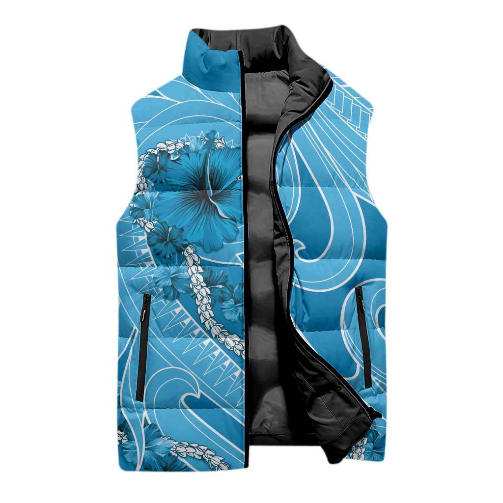 Hawaii Blue Hibiscus Pikake Lei Sleeveless Puffer Jacket LT05 - Polynesian Pride