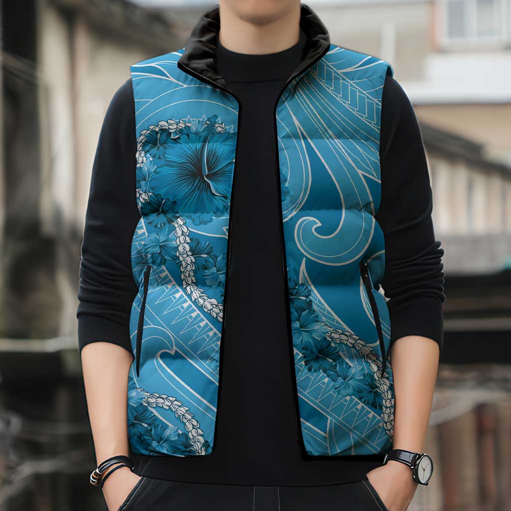 Hawaii Blue Hibiscus Pikake Lei Sleeveless Puffer Jacket LT05 - Polynesian Pride