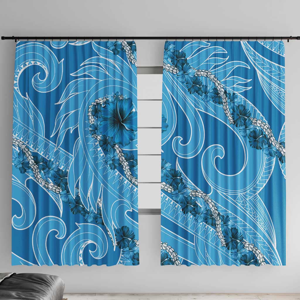 Hawaii Blue Hibiscus Pikake Lei Window Curtain LT05 With Hooks Blue - Polynesian Pride