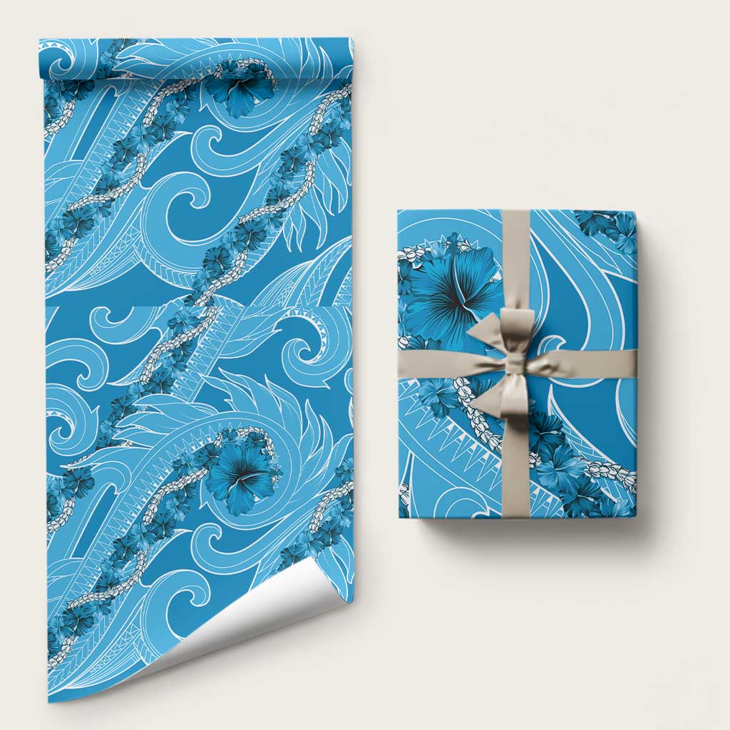 Hawaii Blue Hibiscus Pikake Lei Wrapping Paper LT05 58" × 23" Blue - Polynesian Pride