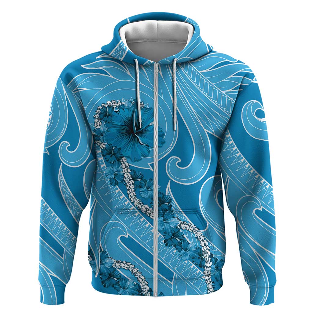 Hawaii Blue Hibiscus Pikake Lei Zip Hoodie LT05 Zip Hoodie Blue - Polynesian Pride