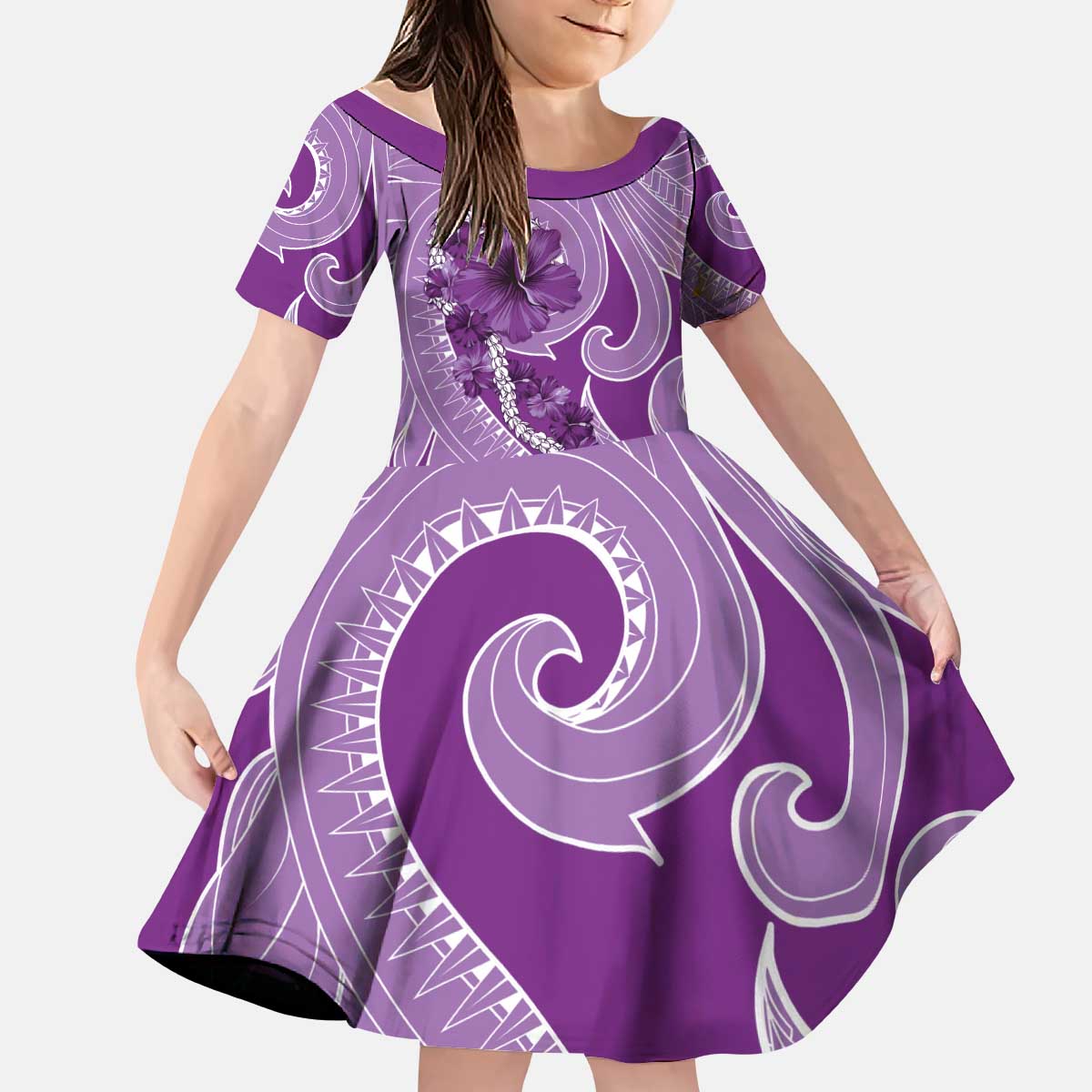 Hawaii Violet Hibiscus Pikake Lei Kid Short Sleeve Dress LT05 KID Violet - Polynesian Pride