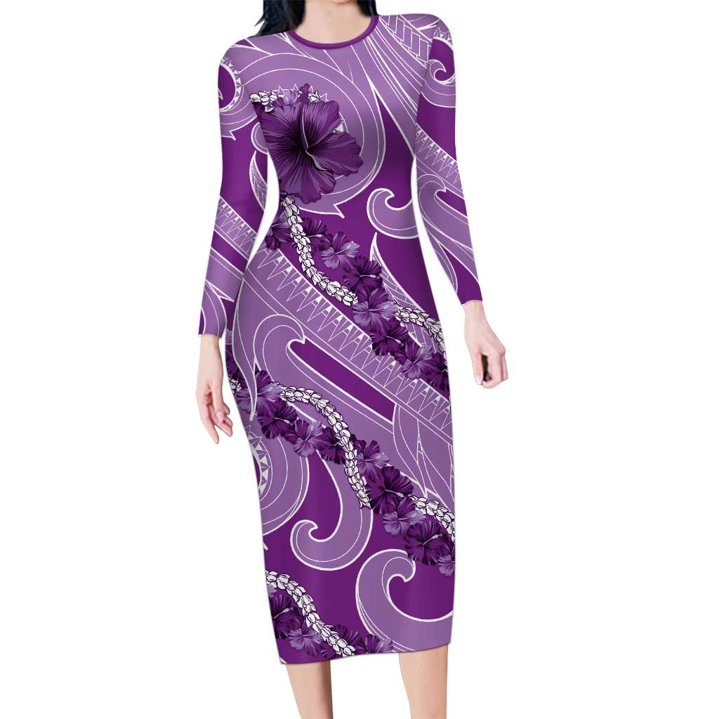 Hawaii Violet Hibiscus Pikake Lei Long Sleeve Bodycon Dress LT05 Long Dress Violet - Polynesian Pride