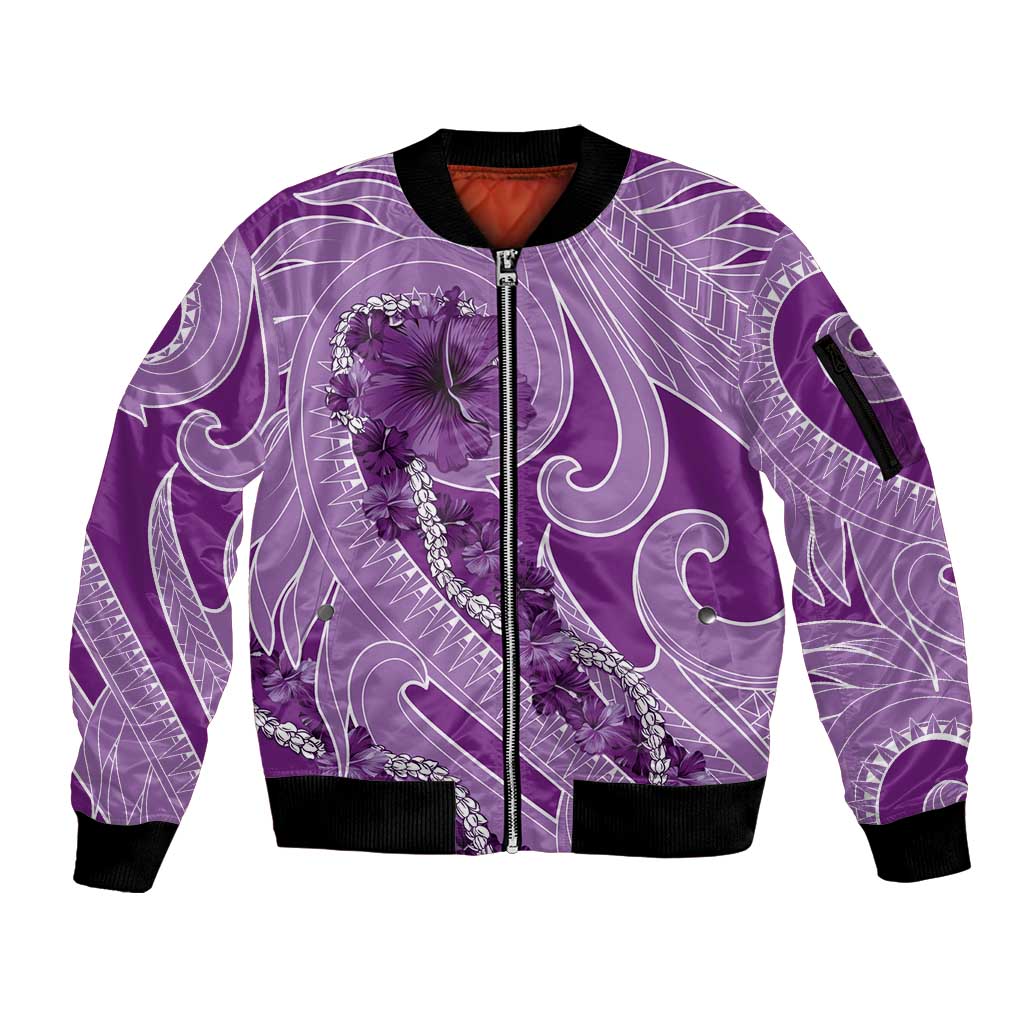 Hawaii Violet Hibiscus Pikake Lei Sleeve Zip Bomber Jacket LT05 Unisex Violet - Polynesian Pride