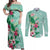 Hawaii Tropical Flowers Couples Matching Off Shoulder Maxi Dress and Long Sleeve Button Shirt Polynesian Tattoo Mint Green