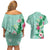 Hawaii Tropical Flowers Couples Matching Off Shoulder Short Dress and Hawaiian Shirt Polynesian Tattoo Mint Green