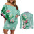 Hawaii Tropical Flowers Couples Matching Off Shoulder Short Dress and Long Sleeve Button Shirt Polynesian Tattoo Mint Green