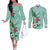 Hawaii Tropical Flowers Couples Matching Off The Shoulder Long Sleeve Dress and Long Sleeve Button Shirt Polynesian Tattoo Mint Green