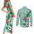 Hawaii Tropical Flowers Couples Matching Short Sleeve Bodycon Dress and Long Sleeve Button Shirt Polynesian Tattoo Mint Green