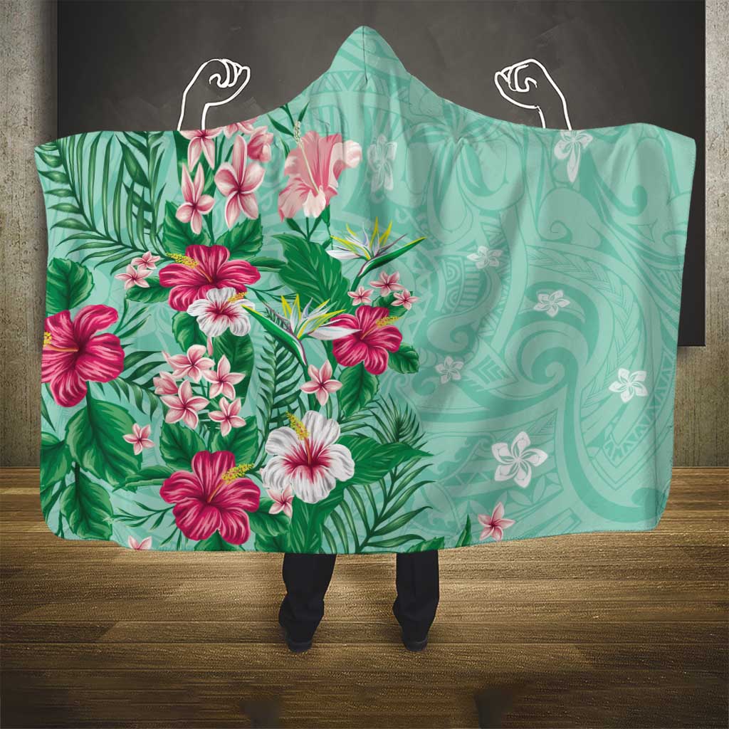 Hawaii Tropical Flowers Hooded Blanket Polynesian Tattoo Mint Green LT05 - Polynesian Pride