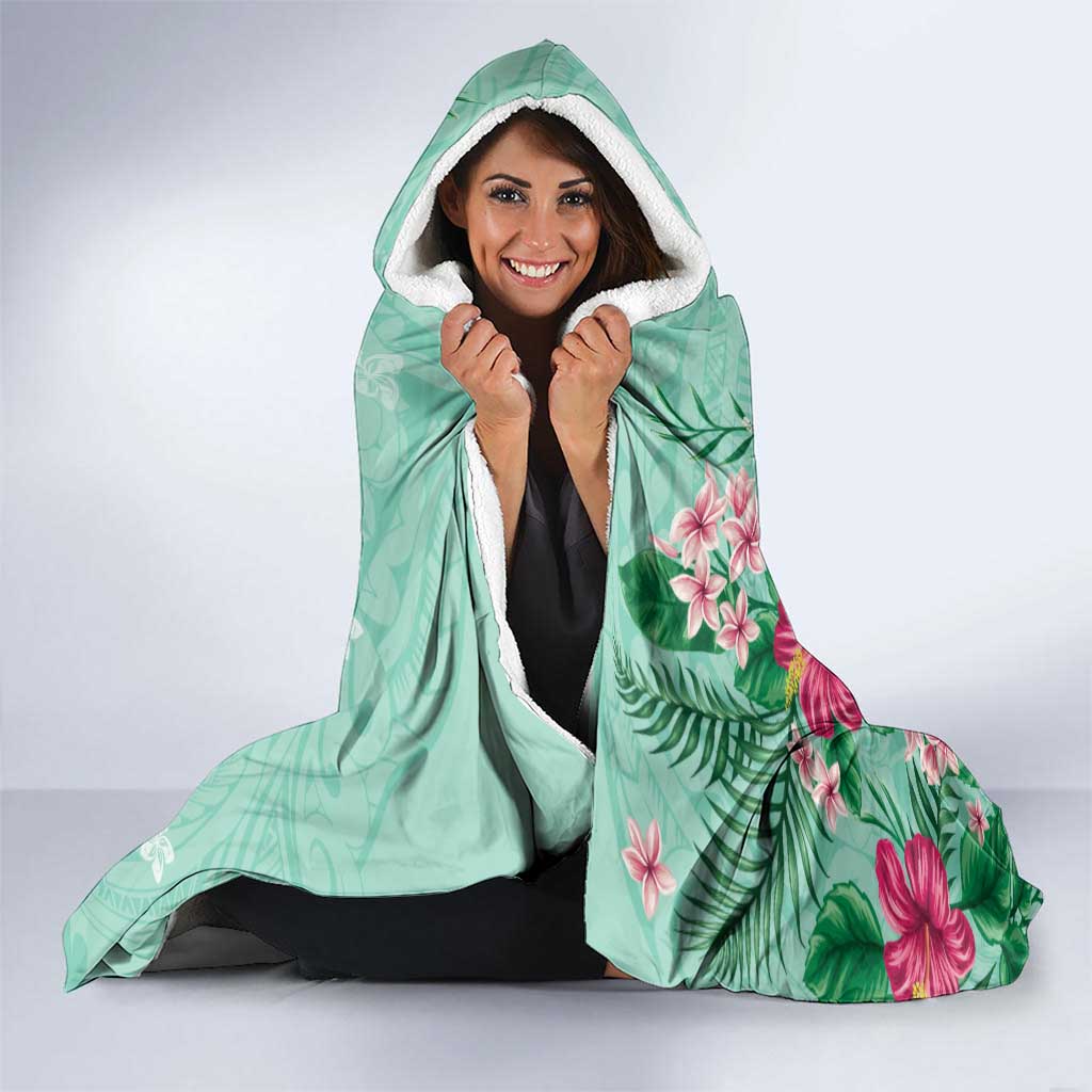 Hawaii Tropical Flowers Hooded Blanket Polynesian Tattoo Mint Green LT05 - Polynesian Pride