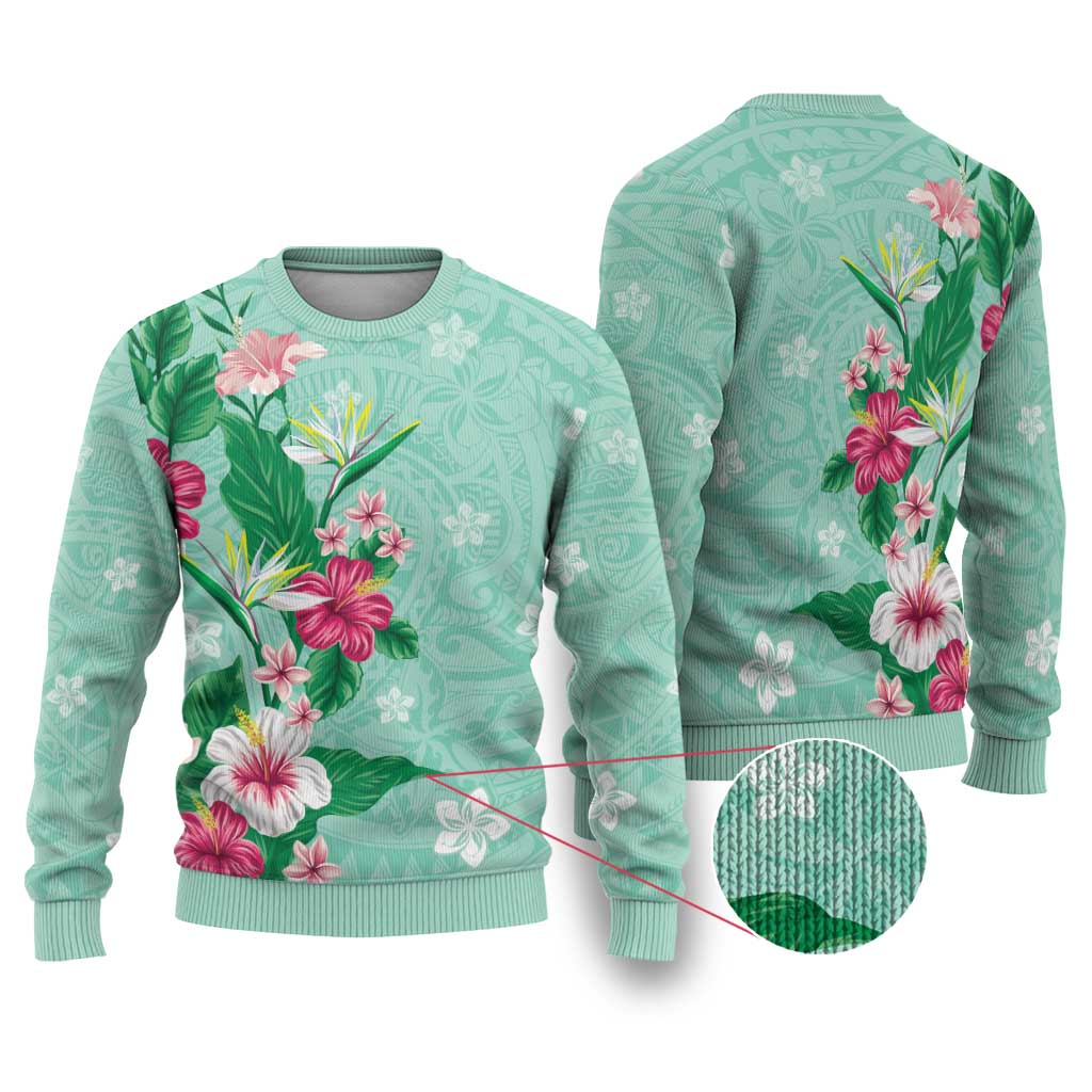 Hawaii Tropical Flowers Ugly Christmas Sweater Polynesian Tattoo Mint Green LT05 Green - Polynesian Pride