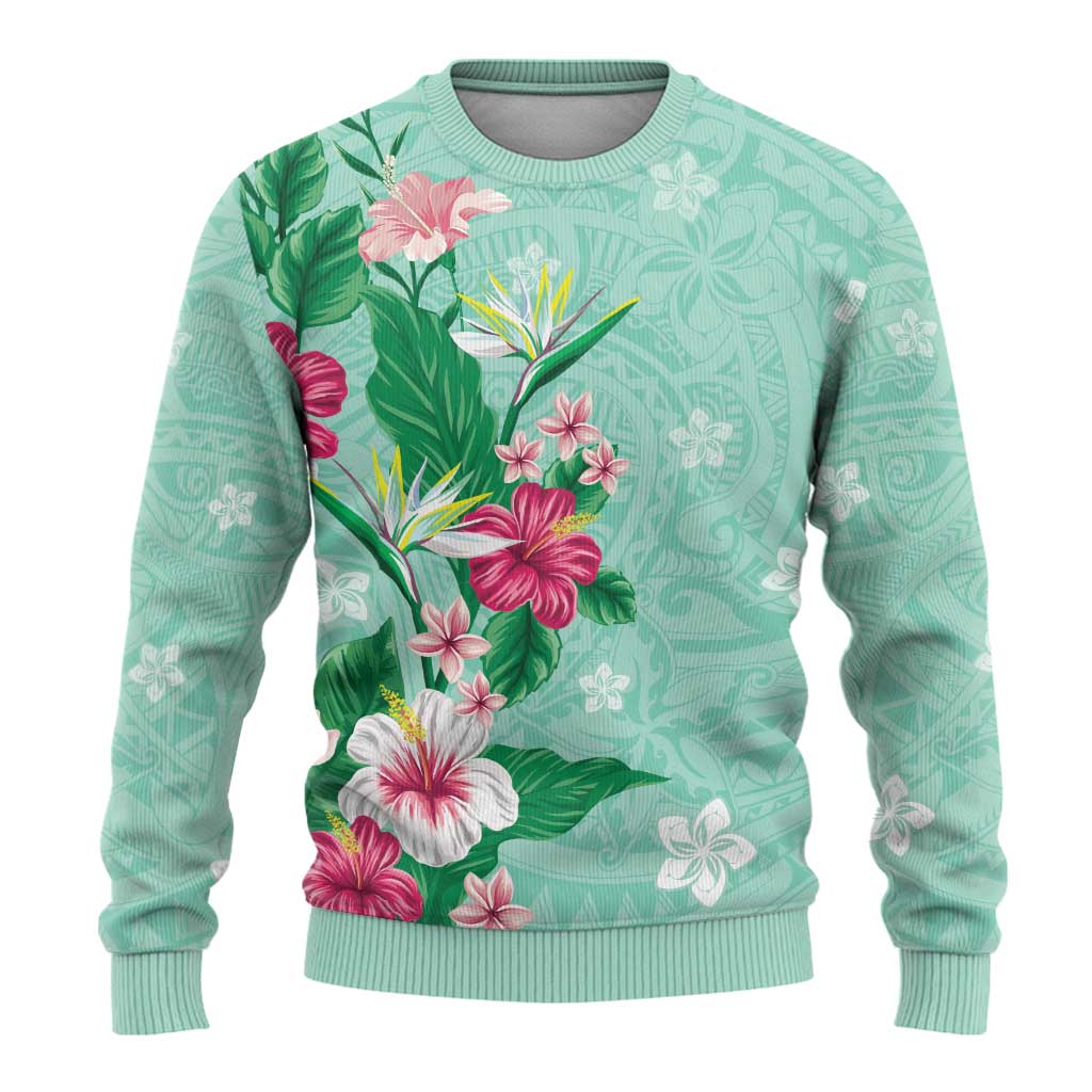 Hawaii Tropical Flowers Ugly Christmas Sweater Polynesian Tattoo Mint Green LT05 - Polynesian Pride
