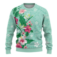 Hawaii Tropical Flowers Ugly Christmas Sweater Polynesian Tattoo Mint Green LT05 - Polynesian Pride