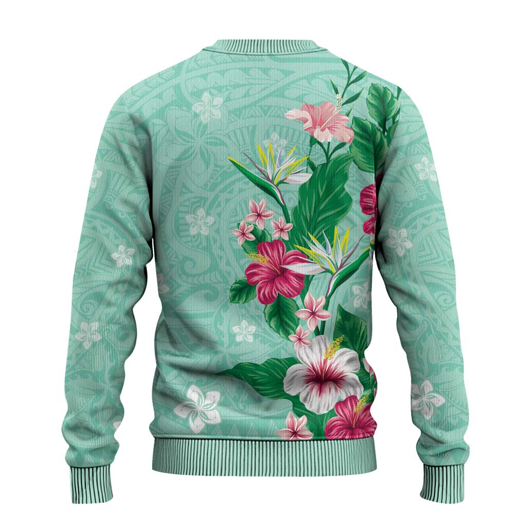 Hawaii Tropical Flowers Ugly Christmas Sweater Polynesian Tattoo Mint Green LT05 - Polynesian Pride