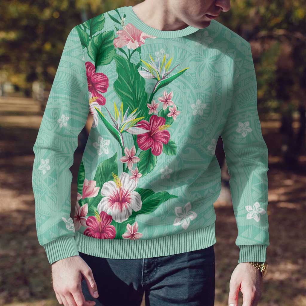 Hawaii Tropical Flowers Ugly Christmas Sweater Polynesian Tattoo Mint Green LT05 - Polynesian Pride