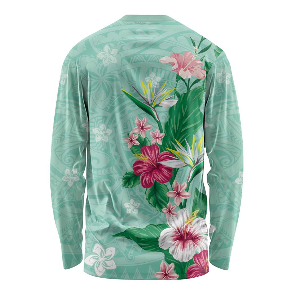 Hawaii Tropical Flowers Long Sleeve Shirt Polynesian Tattoo Mint Green LT05 - Polynesian Pride
