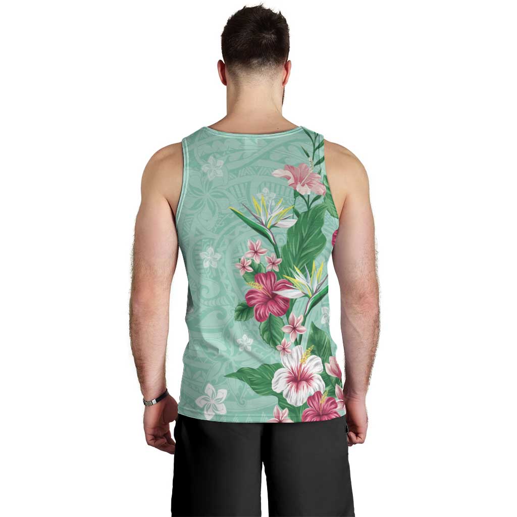 Hawaii Tropical Flowers Men Tank Top Polynesian Tattoo Mint Green LT05 - Polynesian Pride