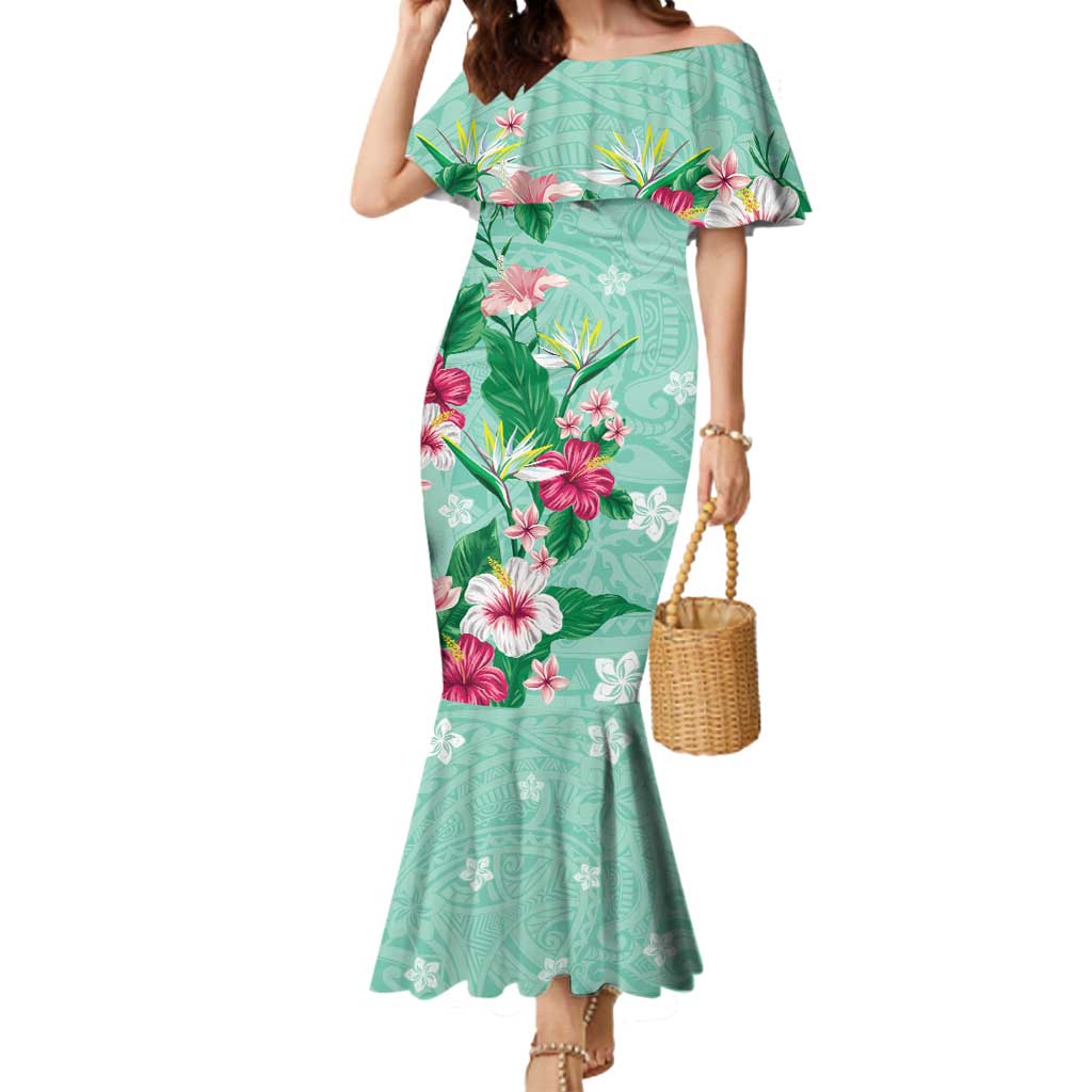Hawaii Tropical Flowers Mermaid Dress Polynesian Tattoo Mint Green LT05 Women Green - Polynesian Pride