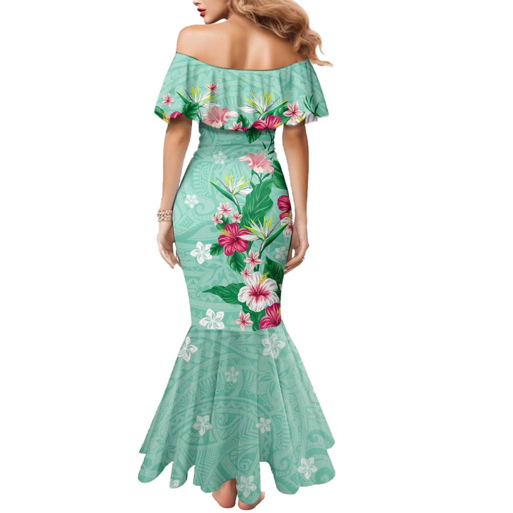Hawaii Tropical Flowers Mermaid Dress Polynesian Tattoo Mint Green LT05 - Polynesian Pride