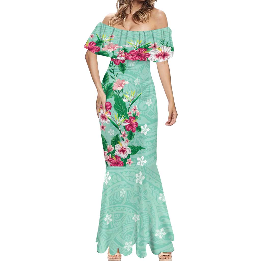 Hawaii Tropical Flowers Mermaid Dress Polynesian Tattoo Mint Green LT05 - Polynesian Pride