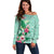 Hawaii Tropical Flowers Off Shoulder Sweater Polynesian Tattoo Mint Green