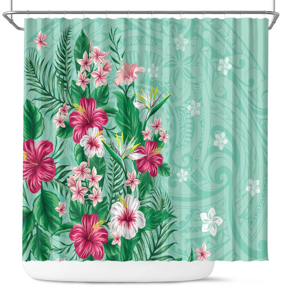 Hawaii Tropical Flowers Shower Curtain Polynesian Tattoo Mint Green LT05 Green - Polynesian Pride
