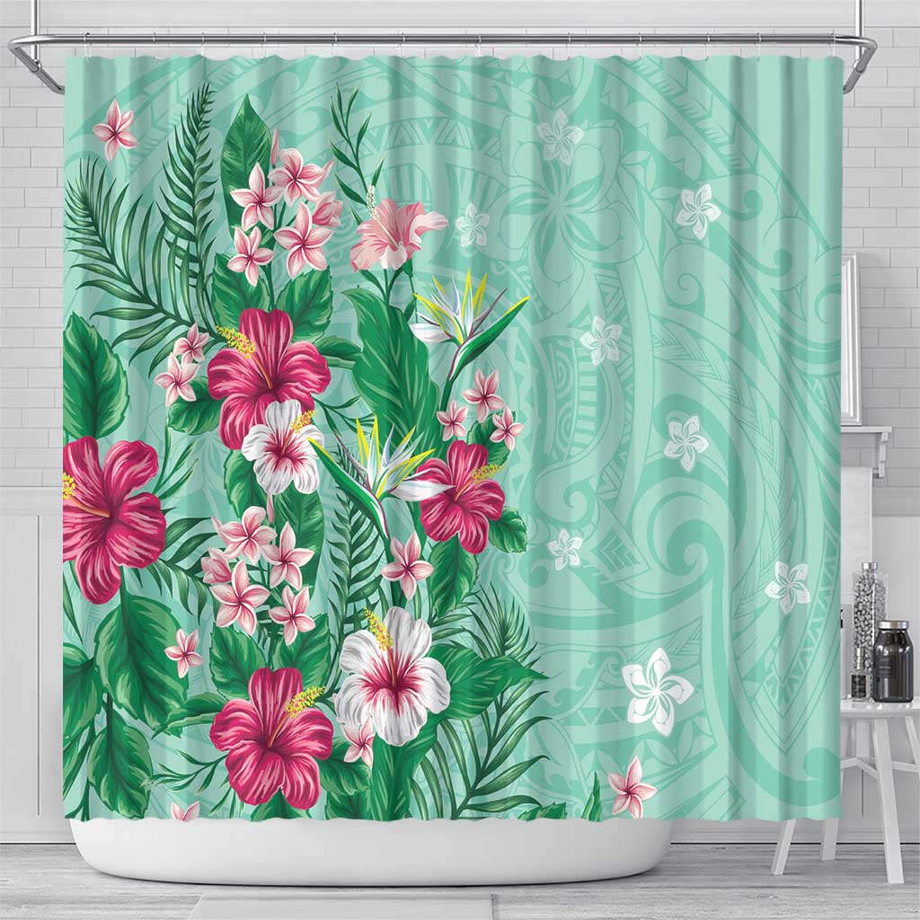 Hawaii Tropical Flowers Shower Curtain Polynesian Tattoo Mint Green LT05 - Polynesian Pride