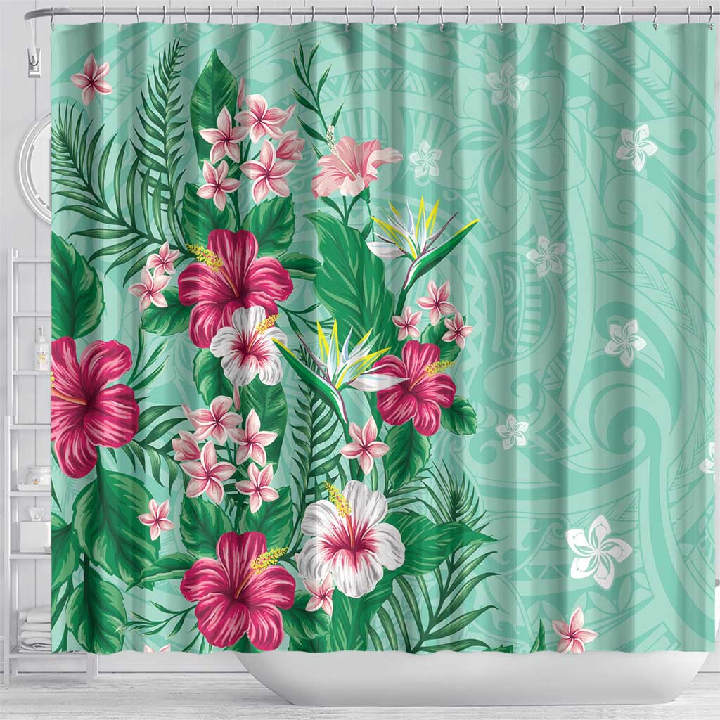 Hawaii Tropical Flowers Shower Curtain Polynesian Tattoo Mint Green LT05 - Polynesian Pride