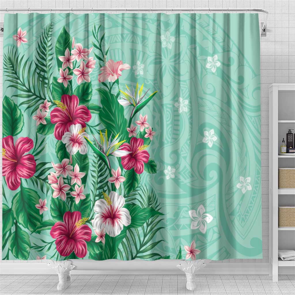 Hawaii Tropical Flowers Shower Curtain Polynesian Tattoo Mint Green LT05 - Polynesian Pride