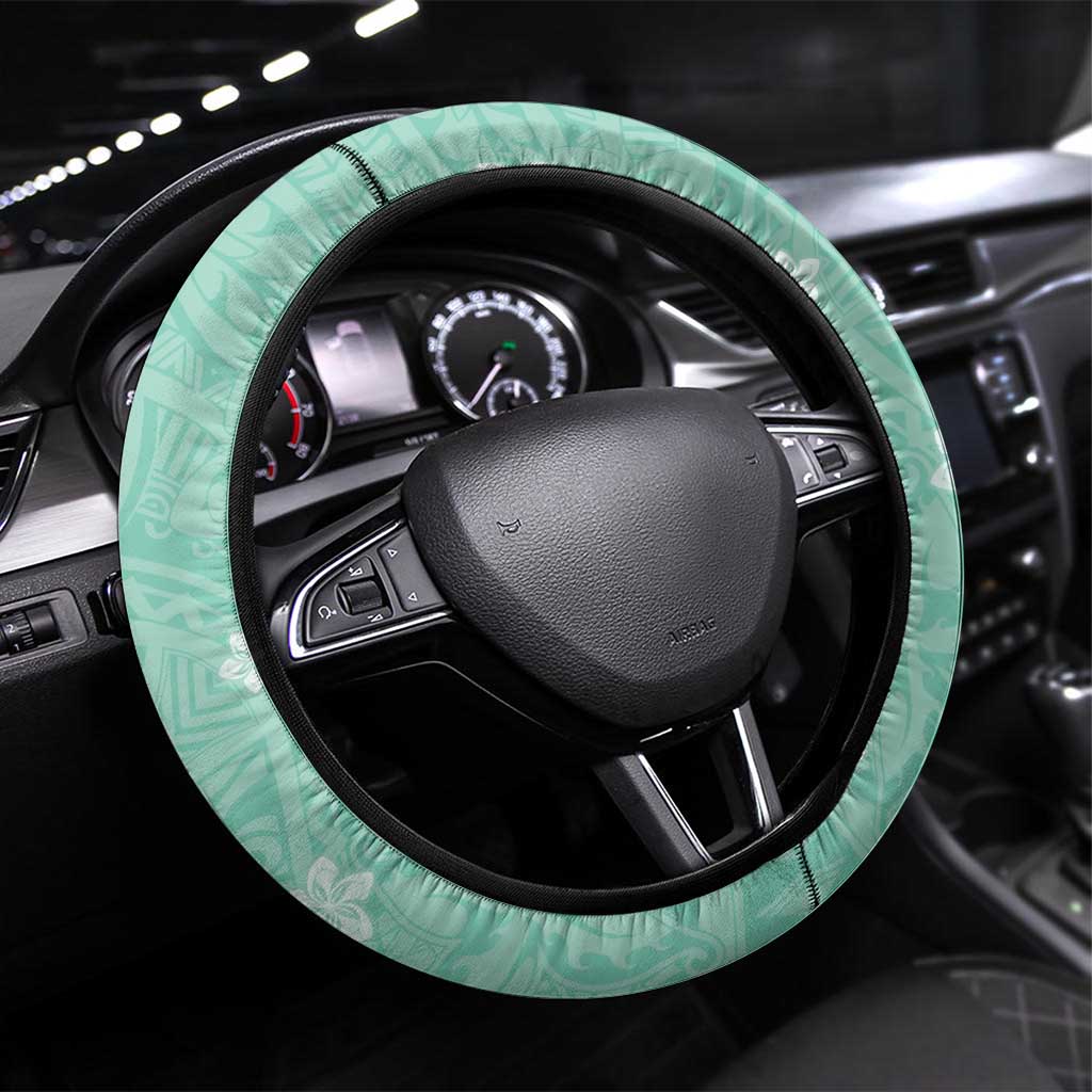 Hawaii Tropical Flowers Steering Wheel Cover Polynesian Tattoo Mint Green