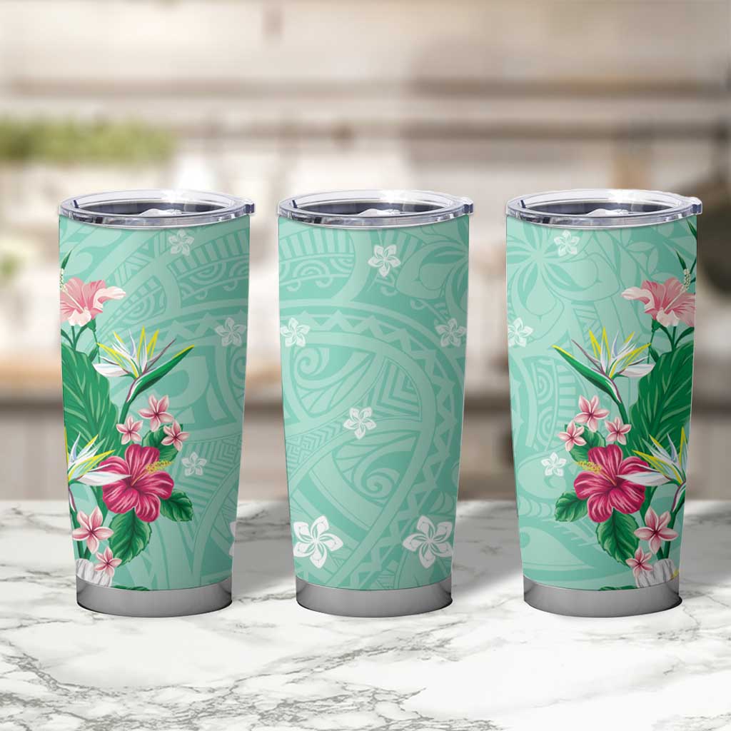 Hawaii Tropical Flowers Tumbler Cup Polynesian Tattoo Mint Green LT05 - Polynesian Pride