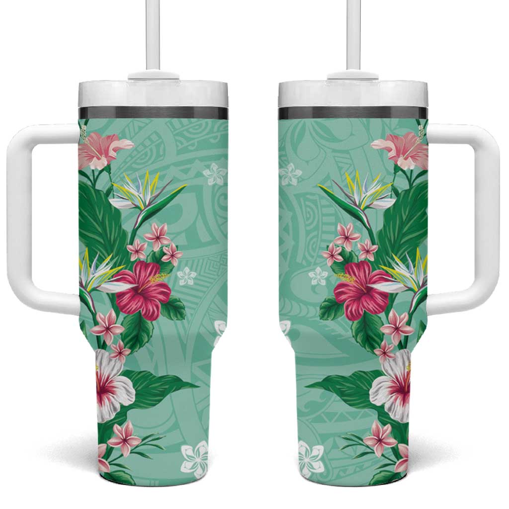 Hawaii Tropical Flowers Tumbler With Handle Polynesian Tattoo Mint Green LT05 One Size: 40 oz Green - Polynesian Pride