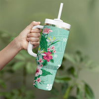Hawaii Tropical Flowers Tumbler With Handle Polynesian Tattoo Mint Green LT05 - Polynesian Pride