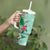 Hawaii Tropical Flowers Tumbler With Handle Polynesian Tattoo Mint Green