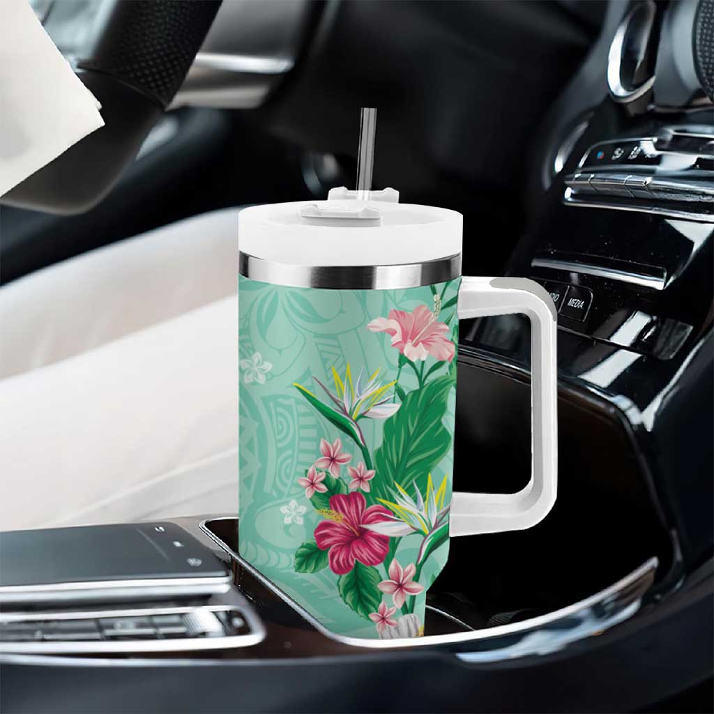 Hawaii Tropical Flowers Tumbler With Handle Polynesian Tattoo Mint Green LT05 - Polynesian Pride