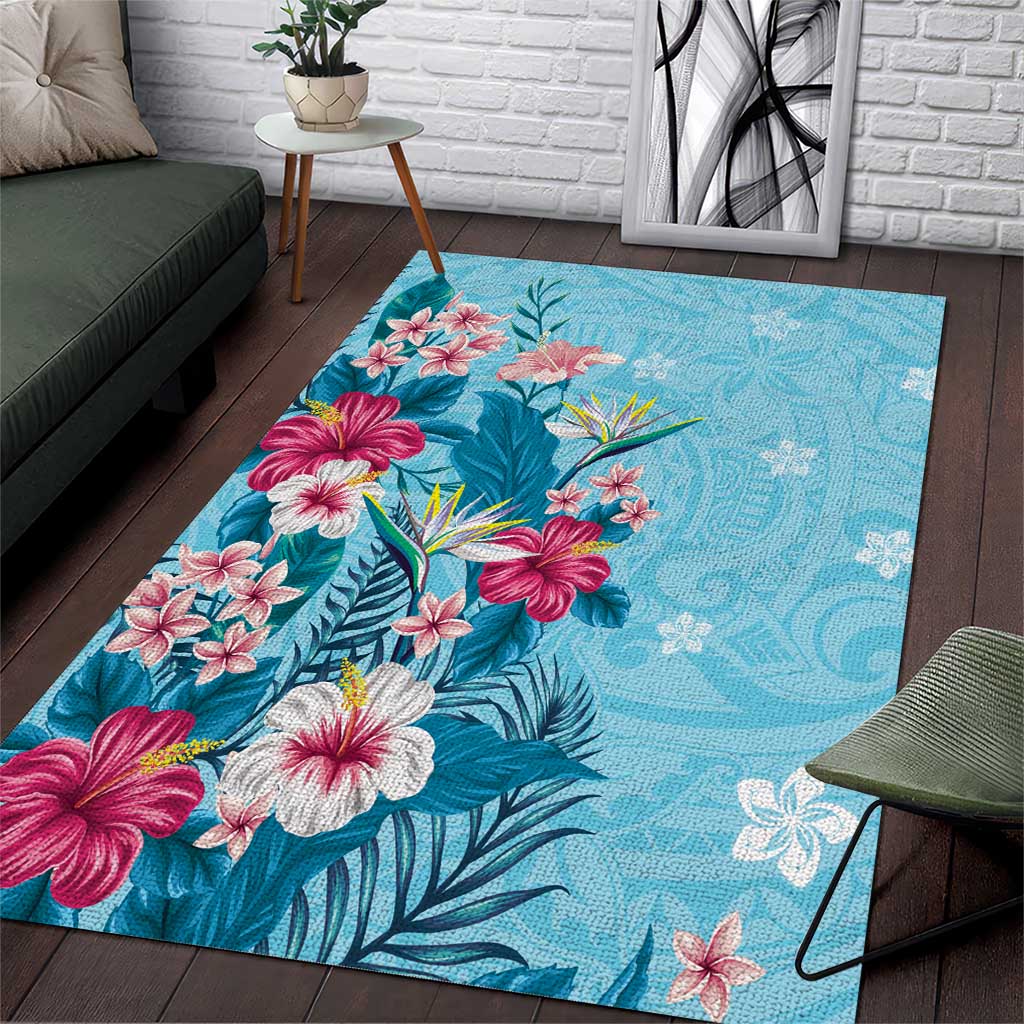 Hawaii Tropical Flowers Area Rug Polynesian Tattoo Sky Blue LT05 Blue - Polynesian Pride