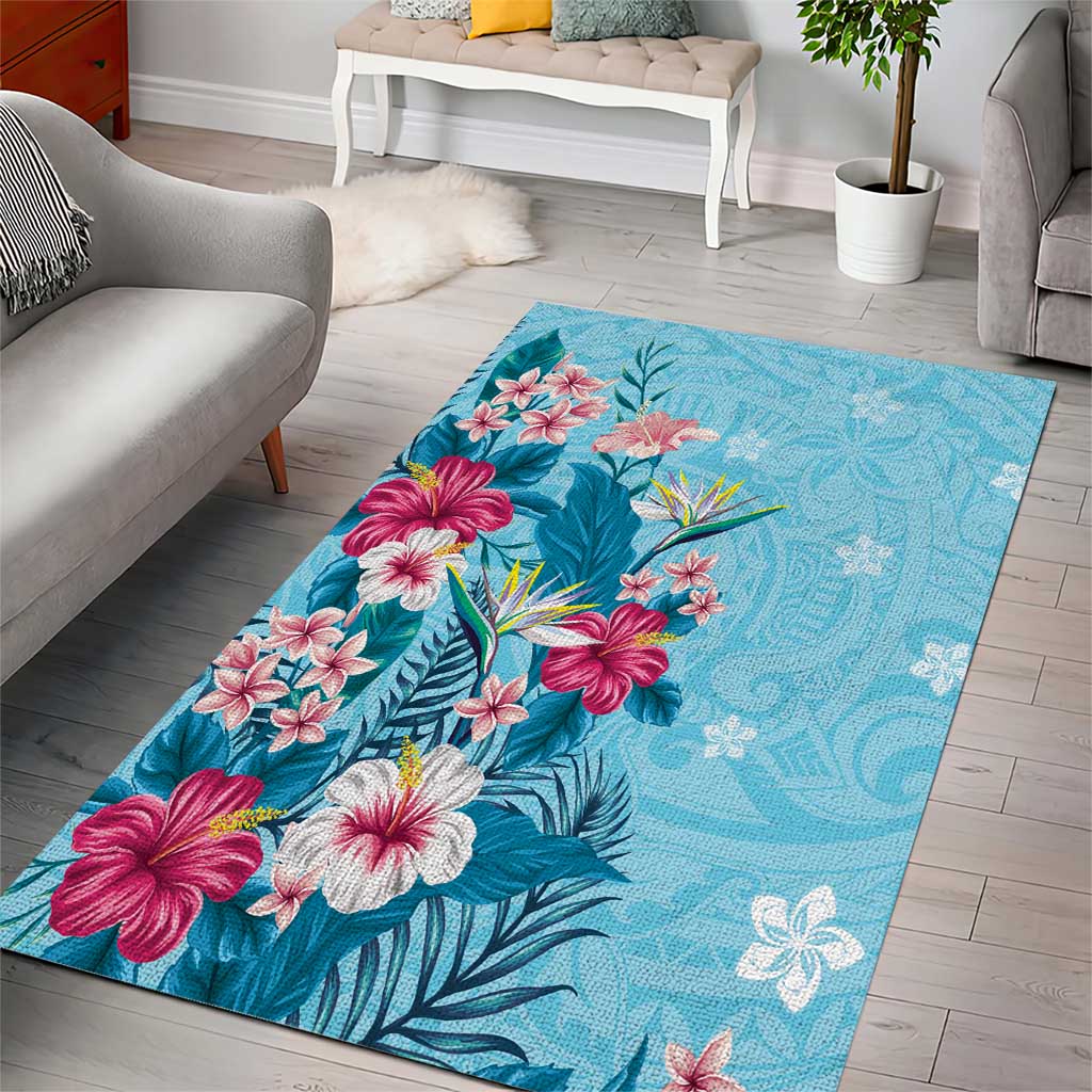 Hawaii Tropical Flowers Area Rug Polynesian Tattoo Sky Blue LT05 - Polynesian Pride