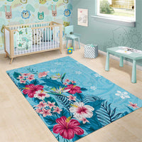 Hawaii Tropical Flowers Area Rug Polynesian Tattoo Sky Blue LT05 - Polynesian Pride