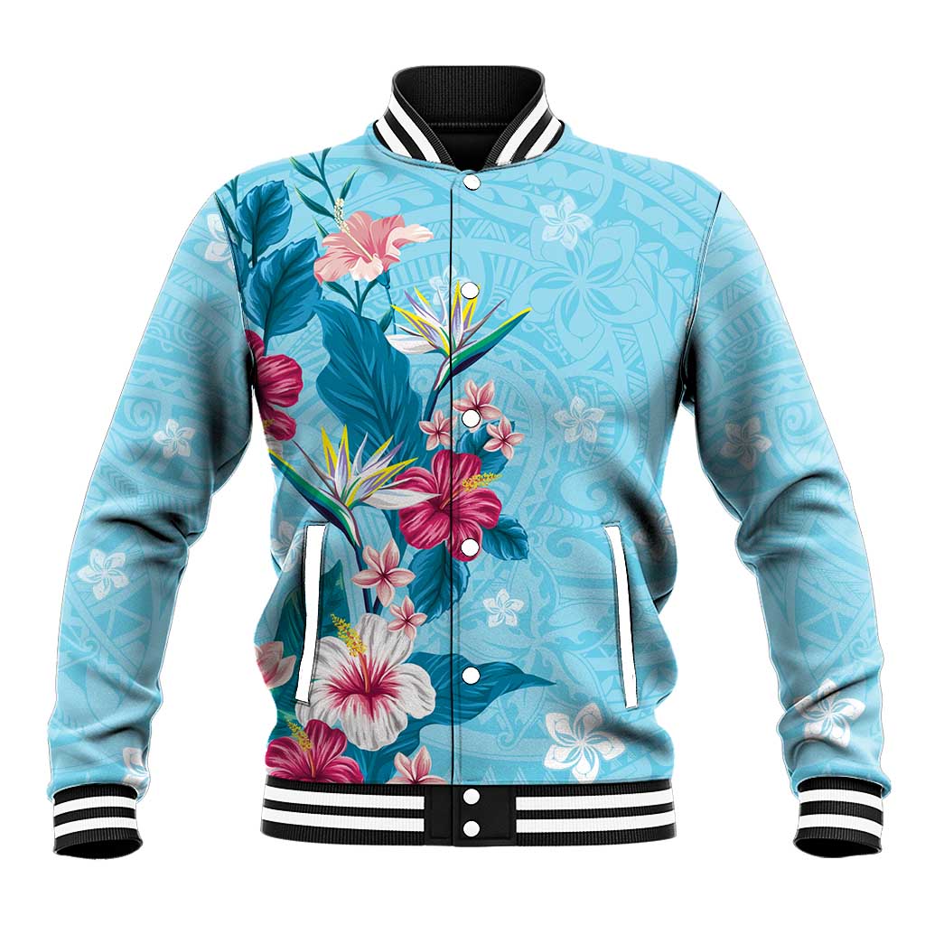 Hawaii Tropical Flowers Baseball Jacket Polynesian Tattoo Sky Blue LT05 Unisex Blue - Polynesian Pride