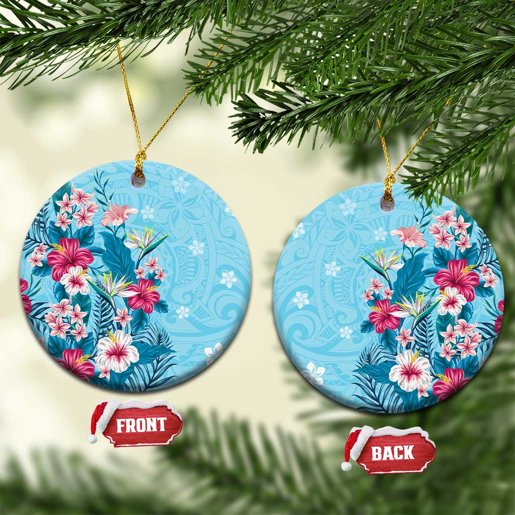 Hawaii Tropical Flowers Ceramic Ornament Polynesian Tattoo Sky Blue LT05 Circle Blue - Polynesian Pride