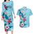 Hawaii Tropical Flowers Couples Matching Long Sleeve Bodycon Dress and Hawaiian Shirt Polynesian Tattoo Sky Blue